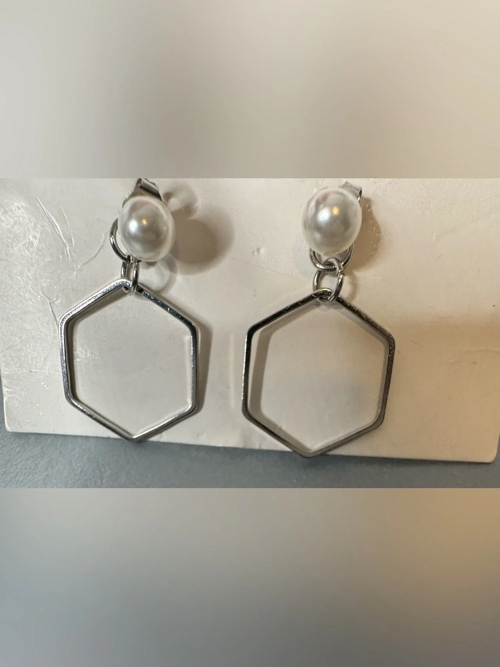 Silver Hexagon Drop Earrings with Pearl Accent